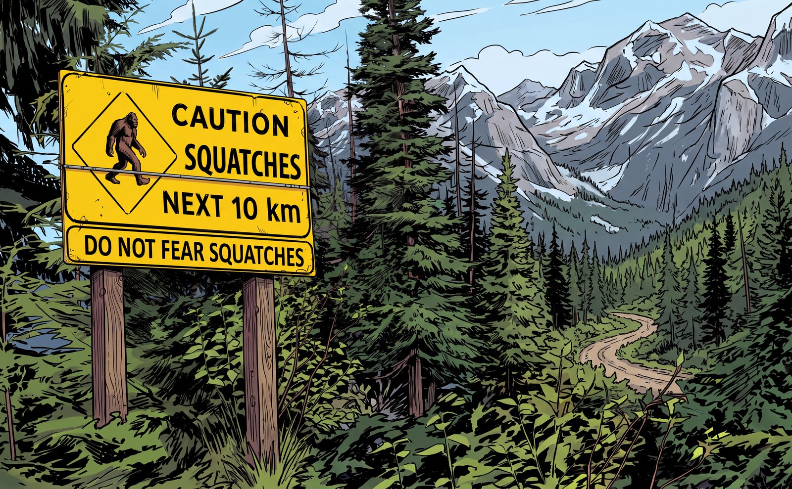 A yellow road sign in the mountain forest: Caution, Squatches, next 10 km. Do not fear Squatches.